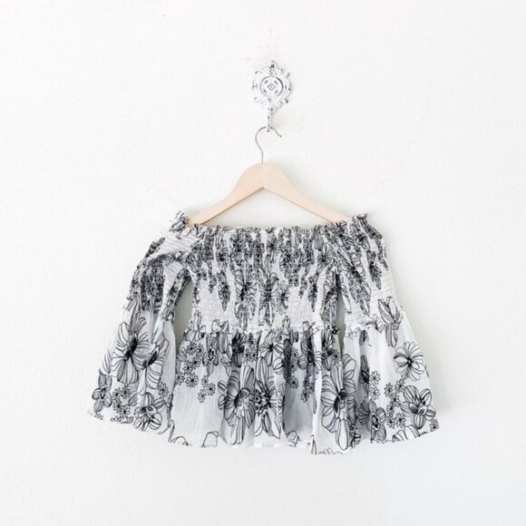 Max Studio Embroidered Smocked OTS Top, Ivory Black Retailed $88 Bell Sleeves - Picture 8 of 9